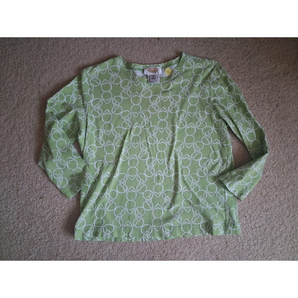 Talbots Green White Geometric Long Sleeve Crew Neck T-Shirt S Petites Cotton